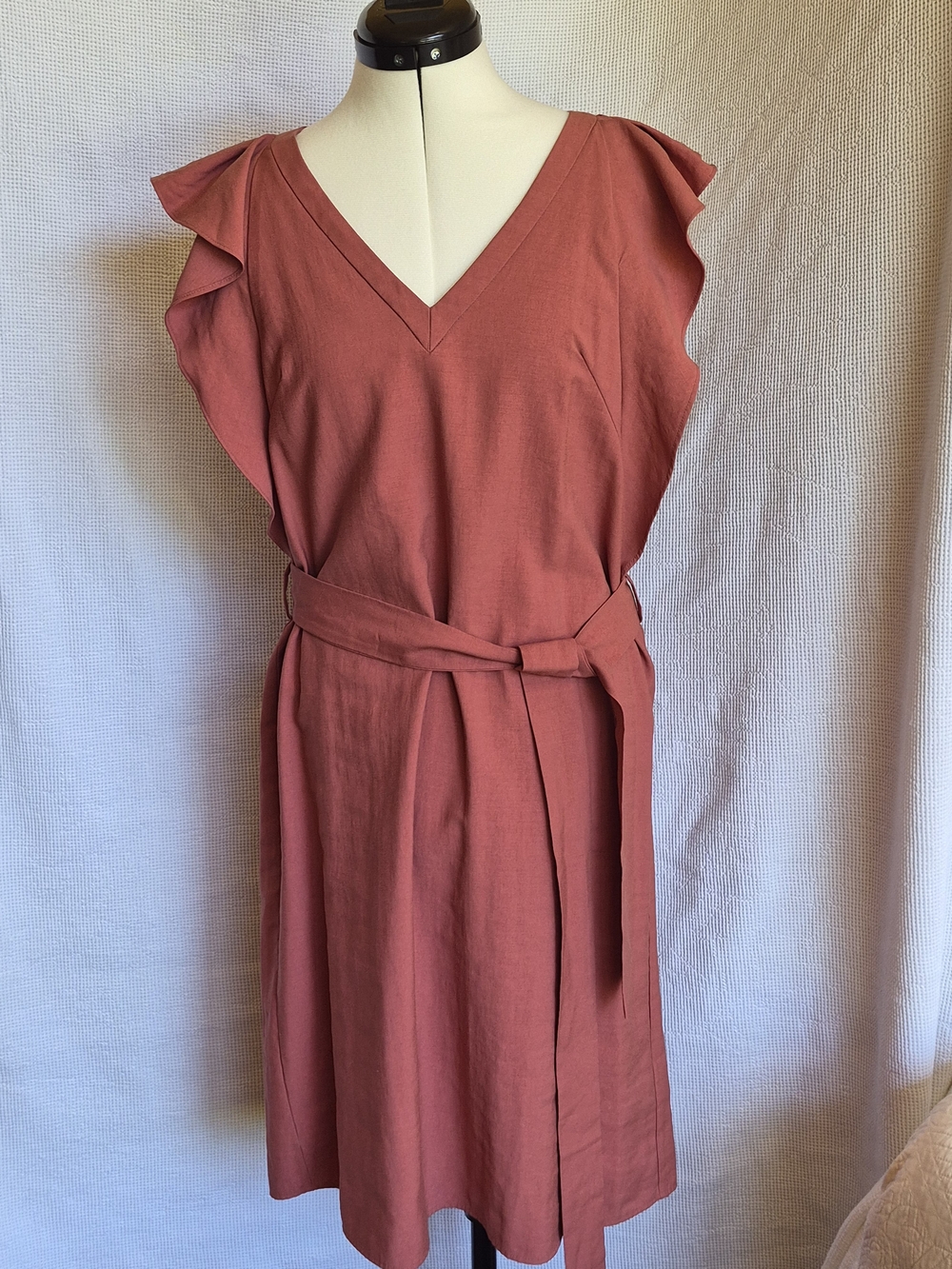 H&M Rust V-Neck Flutter Sleeve Midi Dress with Self-Tie Belt